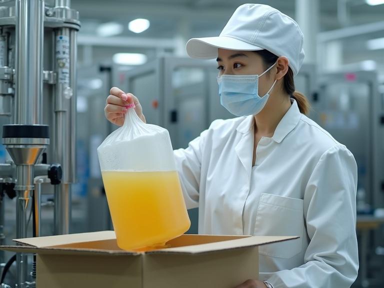 Woman in food factory wearing white clean clothes and mask operating a filling machine. Targeting 20-liter bag-in-box. Vinyl container is in cardboard box. High-resolution photo.