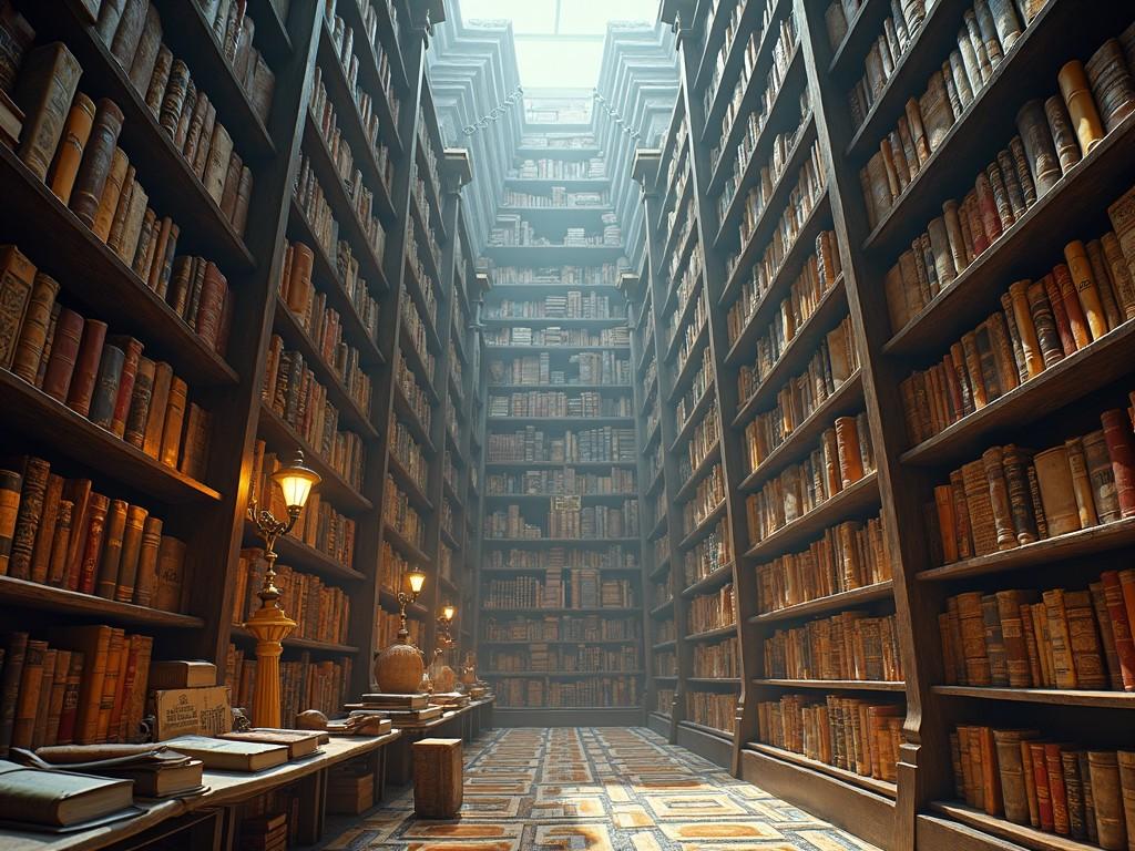 This image depicts an expansive library inspired by the concept of the Library of Babel. It showcases towering shelves filled with old books that stretch into the seemingly infinite heights of the library. Soft, warm lights illuminate wooden tables scattered throughout the space. The atmosphere is serene and inviting, ideal for readers and scholars alike. The architectural design emphasizes symmetry and grandeur, immersing visitors in the world of literature.