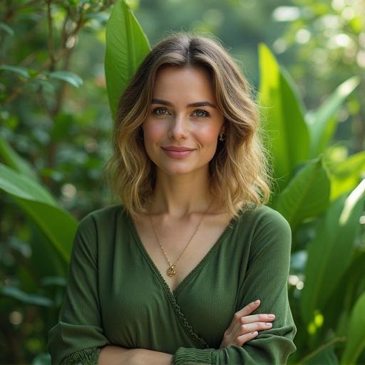 Woman in a green outfit poses in a lush setting. Focus on harmonious elements of nature and sustainability. Highlighting a connection to eco-friendly themes.
