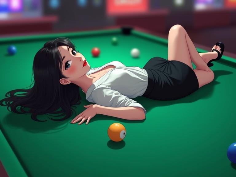 A mid-20s woman lying gracefully on a green pool table with billiard balls scattered around her. She is in a realistic-kawaii anime style with a white blouse and black pencil skirt. Long black hair frames her beautiful face. Soft lighting enhances her jade-white complexion and delicate makeup. Background suggests a modern arcade or bar.