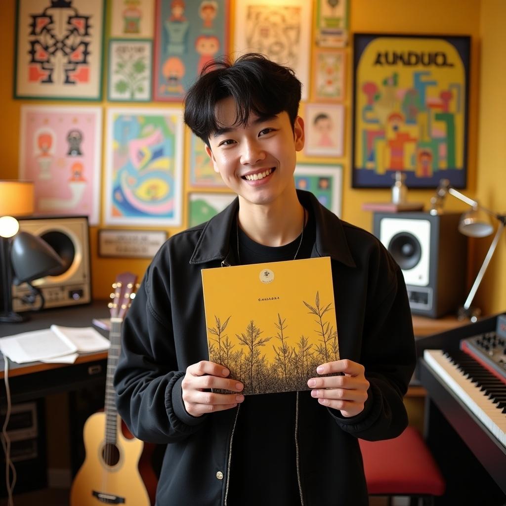 Jungkook holding his album golden in a colorful music studio with several records and instruments surrounding. Bright lighting enhances a warm atmosphere.