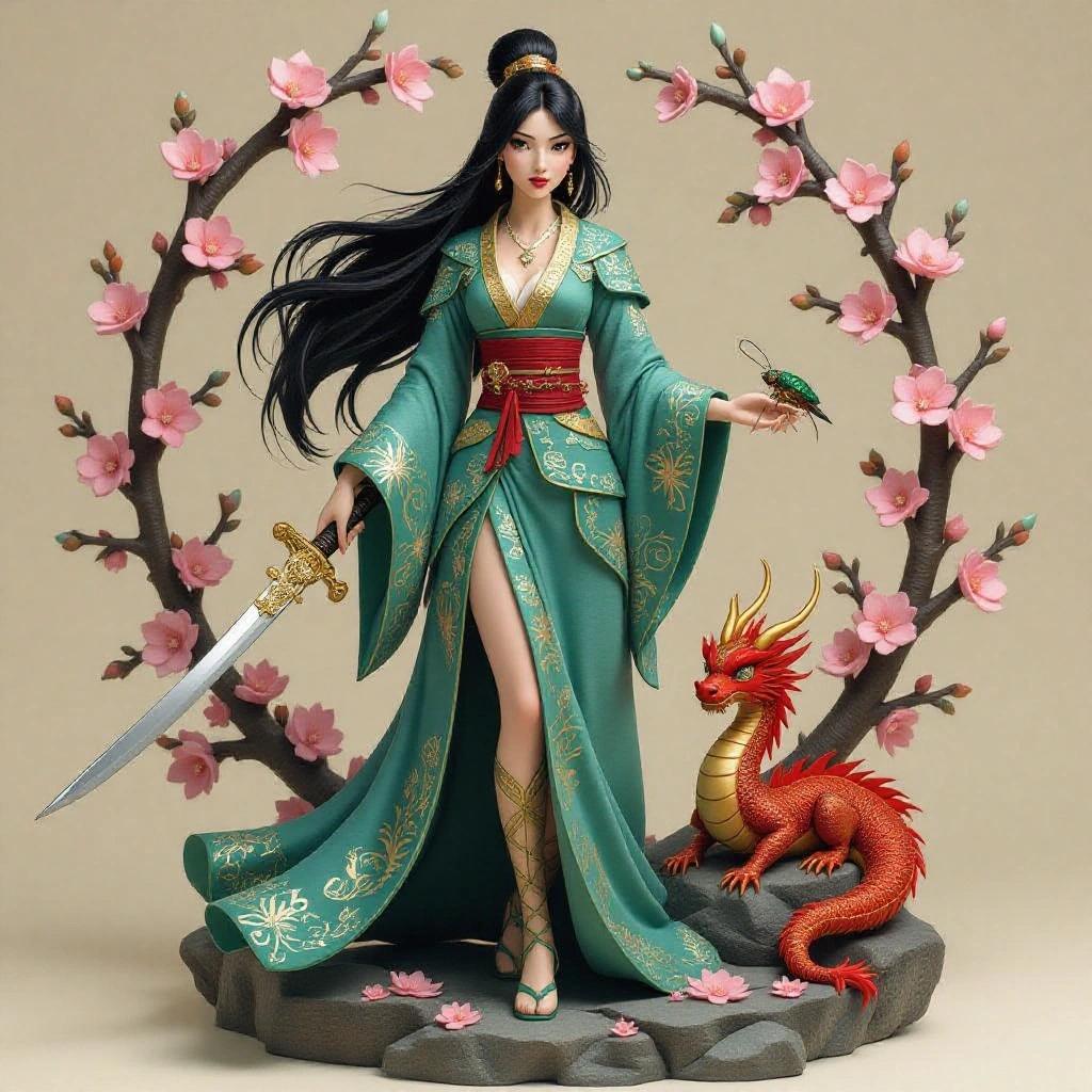 Stylized female figure inspired by Mulan standing on rocky base with cherry blossoms. Wears jade blue kimono with gold embroidery. Carries long sword in right hand. Red dragon on left arm holding cricket on finger. Long hair with flower ornaments. Elegant and serene expression. Neutral background with soft lighting.