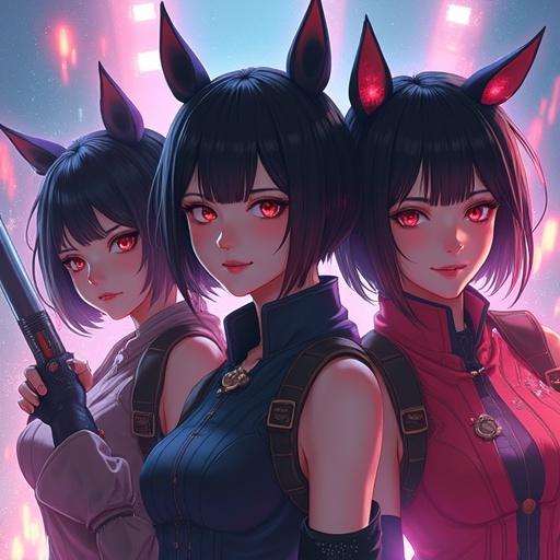 Highly detailed image of three Japanese female cosplayers. They wear futuristic outfits. They have lovely smiles. They are posed mysteriously. Background features a futuristic black cat and ghost Q-taro. Image includes the @hu_jim29 logo.