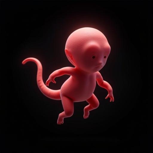 Stylized representation of a fetus in a black background using Pixar 3D animation style