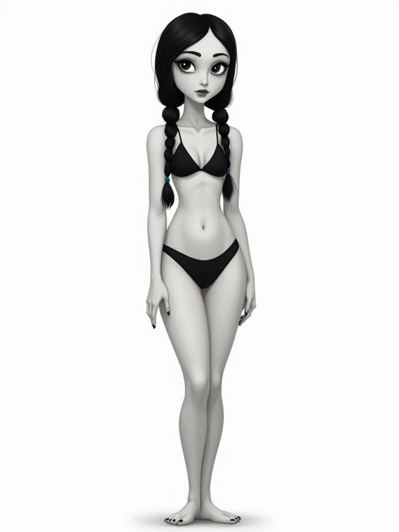 Illustration of a character inspired by Wednesday Addams. Character has an elongated oval face and pale skin. Hair is jet black in braids. Eyes are large with black irises. Expression is serious and cold. She wears a minimalistic black bikini. Body displays an elegant hourglass figure. Background is solid white. Lighting is soft from above.