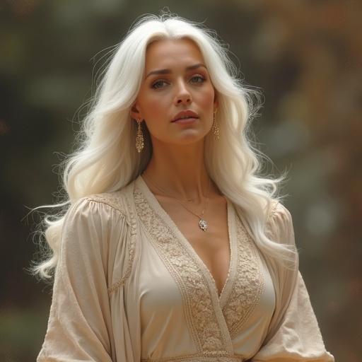 Beautiful mature woman in early 30s to 40s with long white hair styled elegantly. Glamorous figure with large bust and slim waist. Youthful yet dignified face with smooth fair skin. Wearing stylish, elegant outfit suitable for going out. Expression is serene and graceful. Background is soft and blurred.