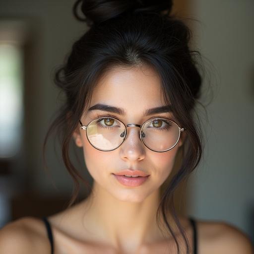 Young woman in a portrait. She has hazel eyes and round metal-framed glasses. Her hair is dark brown styled in a messy bun with strands framing her face. Makeup looks natural with nude lips. Wearing a dark tank top. Soft natural light in a blurred indoor background. Professional photography style with high quality and realism.