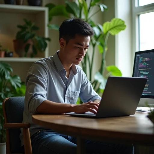 A well-lit room with a big window filled with plants. A person is coding on a laptop at a wooden table. Sunlight is streaming in. The scene represents a casual and modern workspace atmosphere.
