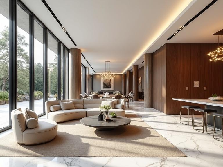 Inside a modern luxury building featuring spacious layout and clean lines. Interior showcases high-end materials like marble floors and hardwood elements. Neutral color palette creates serene atmosphere. Large windows flood space with natural light. Elegant furniture with plush upholstery adds refinement. Smart home technology emphasizes comfort and luxury. Ambiance is airy and inviting with attention to detail.