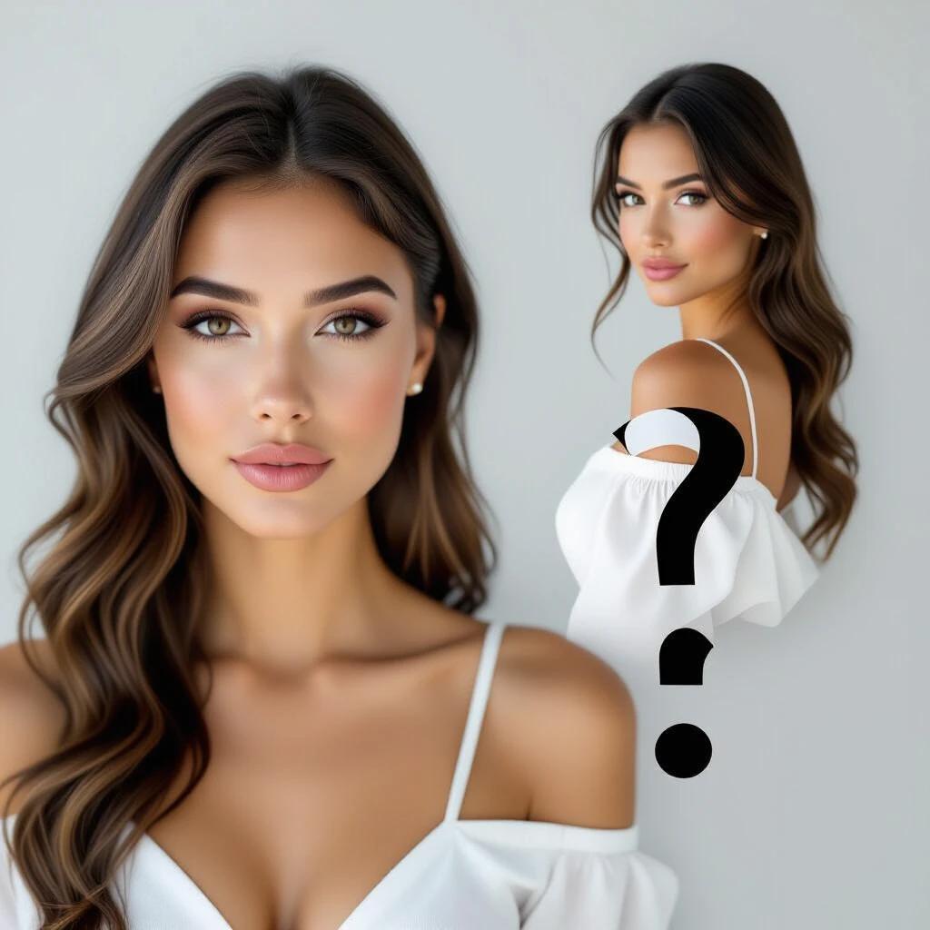 Incorporate a very attractive woman with a knowing expression. Woman has flowing hair and wears an off-shoulder top. The composition is artistic and modern.