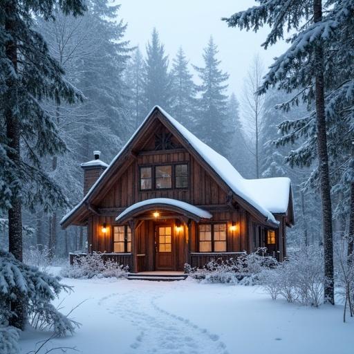 Cozy cabin nestled in a snowy forest. Soft snow covers the ground and trees. Cabin features warm, glowing lights in windows. Surrounding trees are tall and covered in snow.