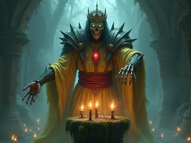 A powerful lich hovers above a moss-covered pedestal illuminated by candles. It has glowing emerald eyes and wears a golden crown. Sharp dark metal plates protect the shoulders. A long yellow skirt is held by a red sash. A thin chain with a red gem pendant glows dimly around the neck. One arm points forward, channeling dark energy. An eerie mist fills the background.