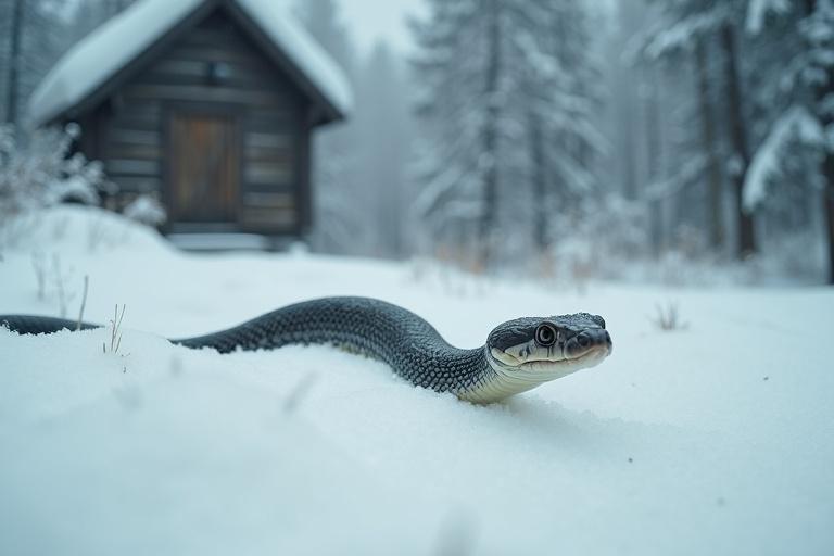 Close-up of a slim gray snake partially buried in the snow. Snake is slightly moving. Peaceful environment with snowy trees. Cinematic realism with film-grade detail. Photorealistic lighting on the snake. Cold-eyed slim gray snake. Consistent snowy forest background with a wooden hut. Natural cinematic tones.