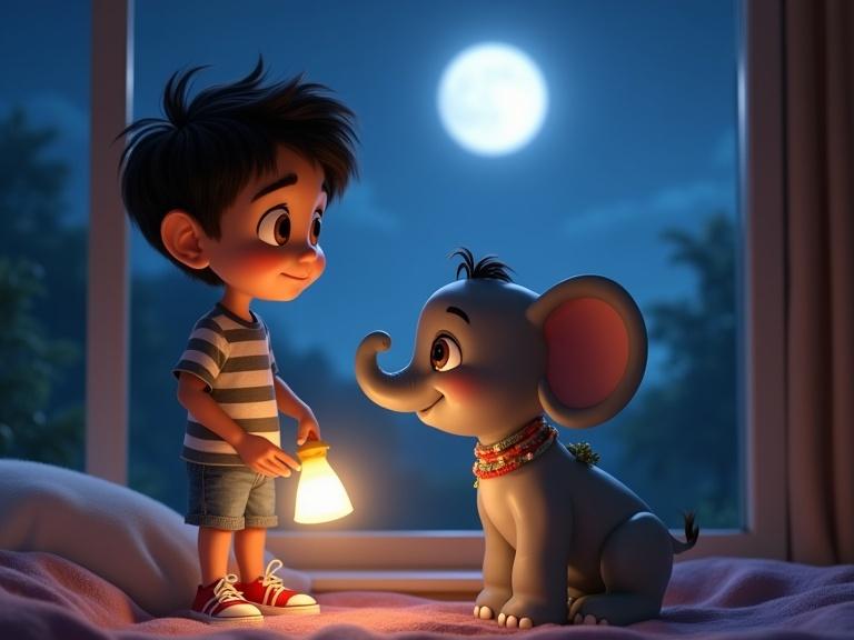 A 7-year-old boy with tousled dark hair and hazel eyes holds a flashlight. He stands in his bedroom at night looking out the window. A baby elephant calf appears in the moonlight outside. The boy wears a striped shirt, denim shorts, and red sneakers. The elephant is playful and joyful. The scene has soft, cheerful moonlight.