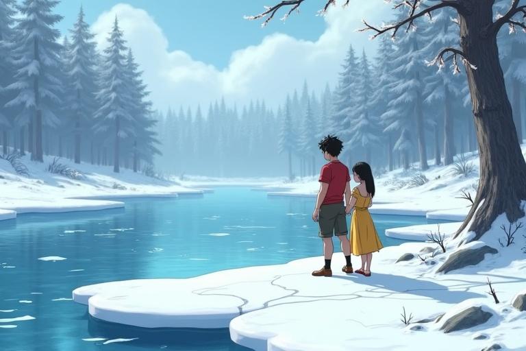 4K ultra-HD animated scene of a frozen river with cracks. Two children stand by the bank. One in a red shirt testing the ice. The other in a yellow dress looking at the river. A frozen forest is in the background. Use ultra-realistic ice and water textures.