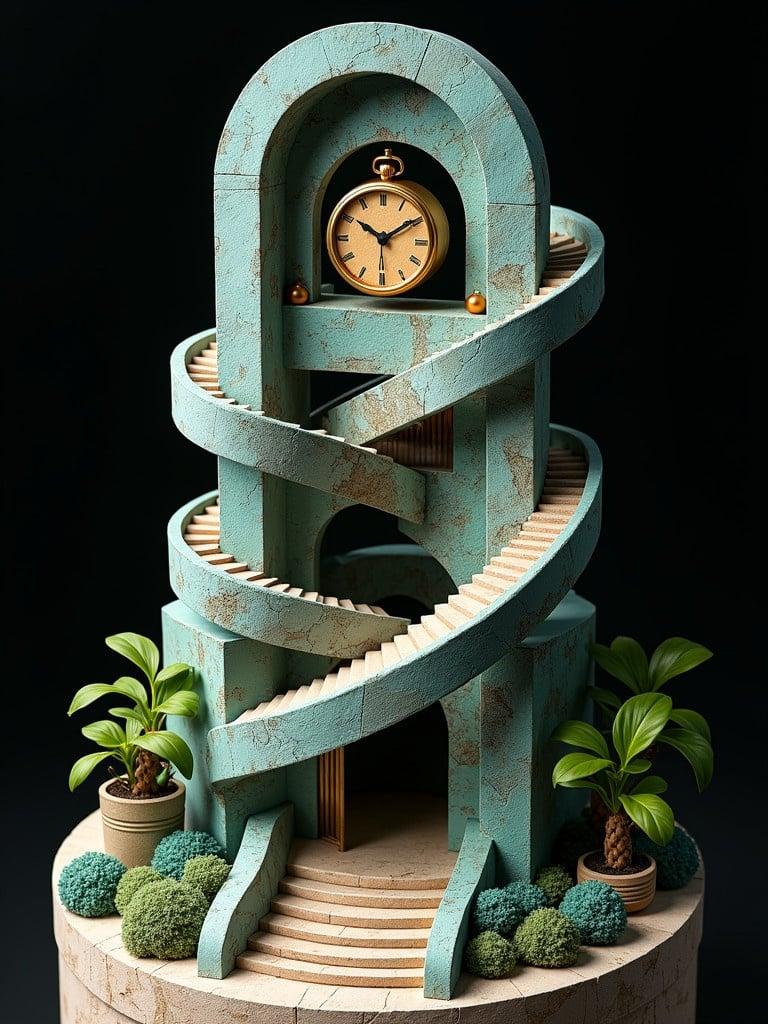 Generate a scene reminiscent of isometric design. Create a building inspired by Incan clocktower. Incorporate impossible geometries and interconnected elements. Art should have a surreal feel. Include spiral staircase and small potted succulents. Use turquoise and gold materials. Set the scene with a black background. Make a twisted mechanical clock centerpiece.