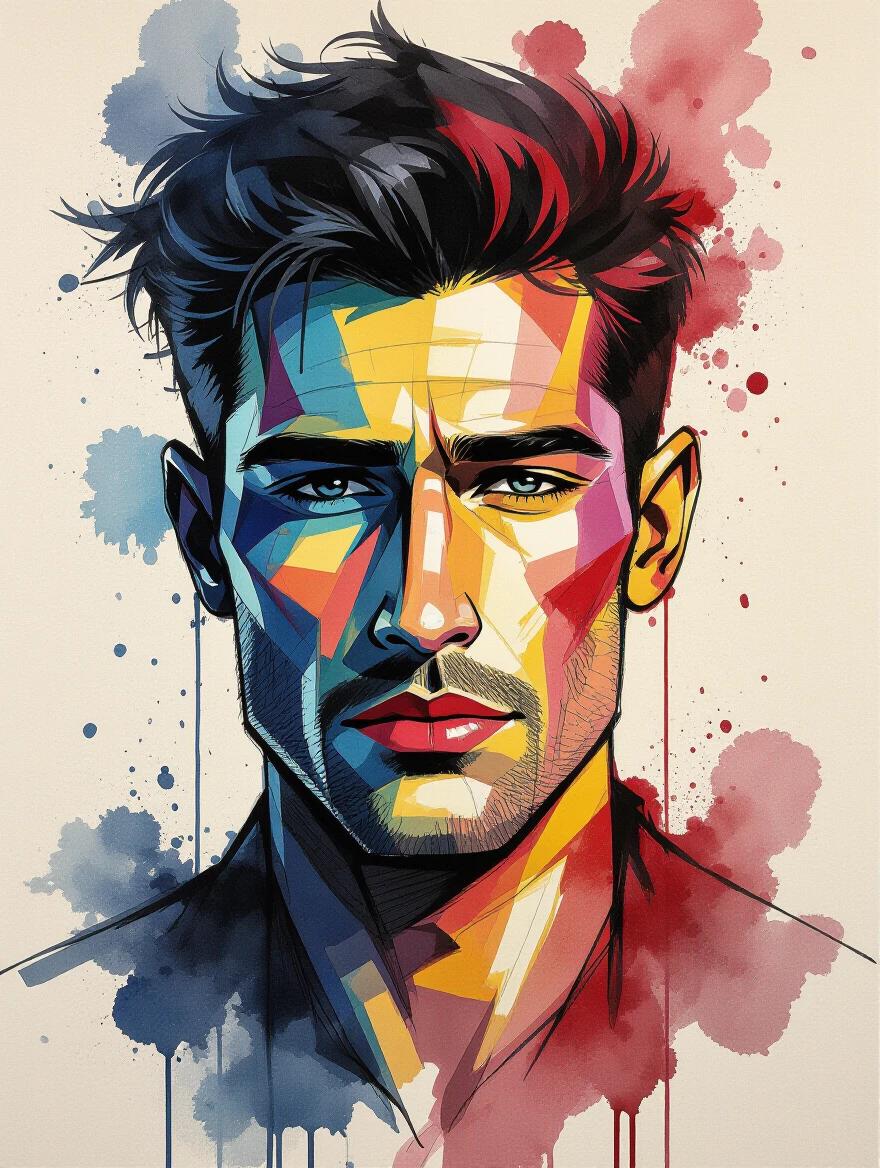 Striking male portrait painted in expressive color-ink style with vibrant splashes of blue crimson and black flowing across face. Ink drips from edges like melting emotion. Sharp facial features dissolve into abstract pigment trails. Bold brush textures on light paper-textured background.