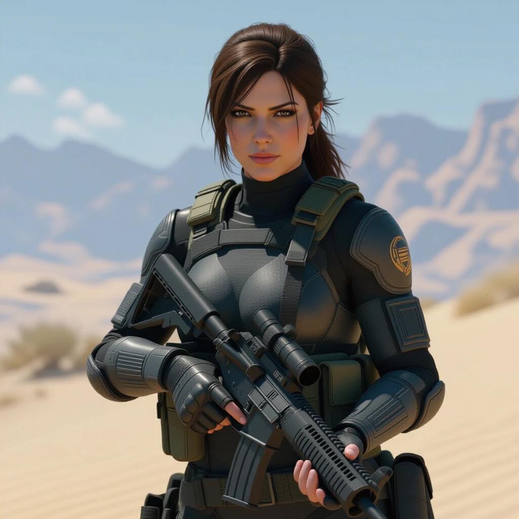 A female character dressed in tactical military attire stands confidently in a desert setting. She holds a rifle with precision. The background showcases a blur of desert dunes and mountains. The image captures a sense of readiness.