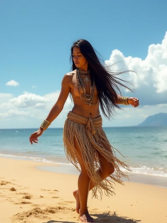 A 24 years old Inca woman performs a dance on a sandy beach. She has straight dark hair and a traditional woven loin cloth. She wears gold necklaces and bracelets. Bright sunlight illuminates the golden sand and calm ocean waters in the background. A clear blue sky and scattered white clouds are above. The photograph is in documentary style with natural lighting.