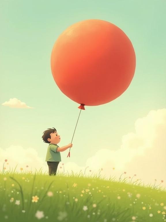 Whimsical illustration of a child holding a gigantic red balloon in a green meadow. The balloon is oversized compared to the child. The scene conveys a serene atmosphere with a pastel color palette, soft clouds, and warm sunlight. Style resembles children's books by Oliver Jeffers, showcasing heartwarming simplicity.