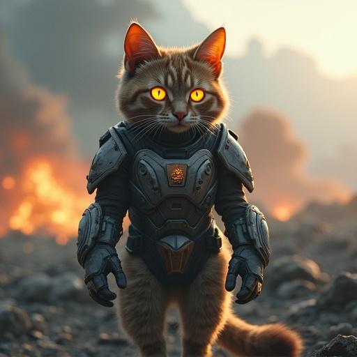 Brave cat wearing futuristic battle armor stands in ruined battlefield background of smoke and fire. Cat holds small plasma weapon with glowing amber eyes. Focus on dramatic lighting and detailed realism.