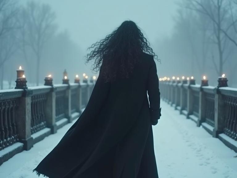 A tall fitted man with long curly dark hair wears a black long coat and cape. He walks away on a snowy bridge lit by candlelight against a misty backdrop. Captured in slow motion with flowing hair and clothing.