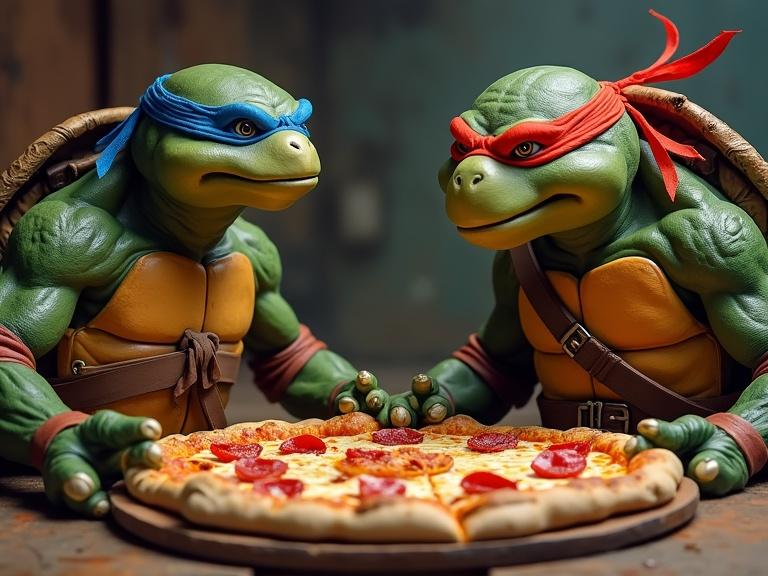Teenage Mutant Ninja Turtles enjoying pizza