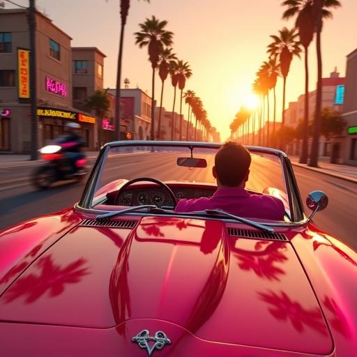 Cinematic low-angle shot of a figure driving a sleek candy-red convertible Corvette through vibrant neon streets. Windblown trench coat visible and glimmering gold accessories. Palm trees and neon streaks seen in windshield. City activity includes pedestrians and motorbikes under sunset. Emphasis on dynamic motion blur and gaming realism.