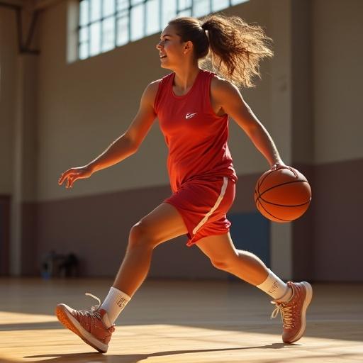 Young woman playing basketball in a gym. She is shooting from the free throw line. She has red hair and is wearing sport attire. The atmosphere is energetic and focused.
