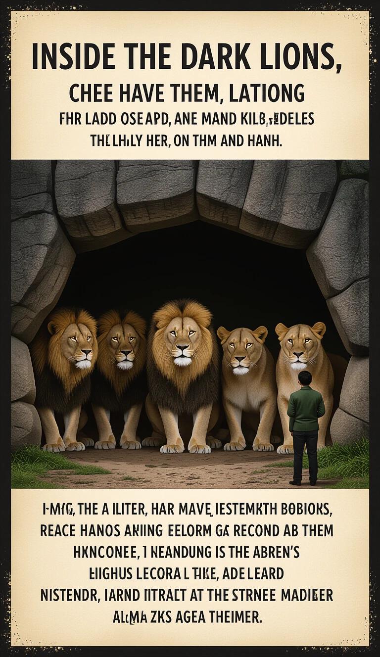 Inside the dark den several large lions silently watching a man without attacking