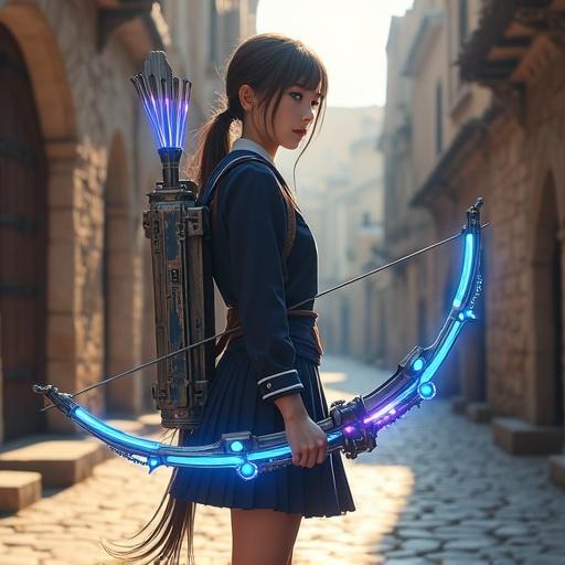 Realistic high school girl archer in a medieval town. Character wears a Japanese-style school uniform. Carries a high-tech colorful bow with blue gradients. Detailed cobblestone street in the background. Morning sunlight enhances visual appeal. Calm expression with a low ponytail hairstyle. Focus on futuristic weapon contrasting the traditional setting.