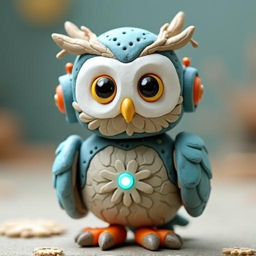 A cute friendly robot owl named Pipo in charming claymation style. Rounded body made of soft clay. Stubby clay wings. Big expressive eyes that glow slightly. Design combines natural owl shape with simple mechanical features. Small ear antennas. Soft clay gears. Light on chest. Feathers sculpted with overlapping clay layers. Colors in soft grey and blue. Tiny clawed feet made of chunky clay. Head can tilt expressively. Handmade look with slight unevenness. Colorful for stop-motion animated world.