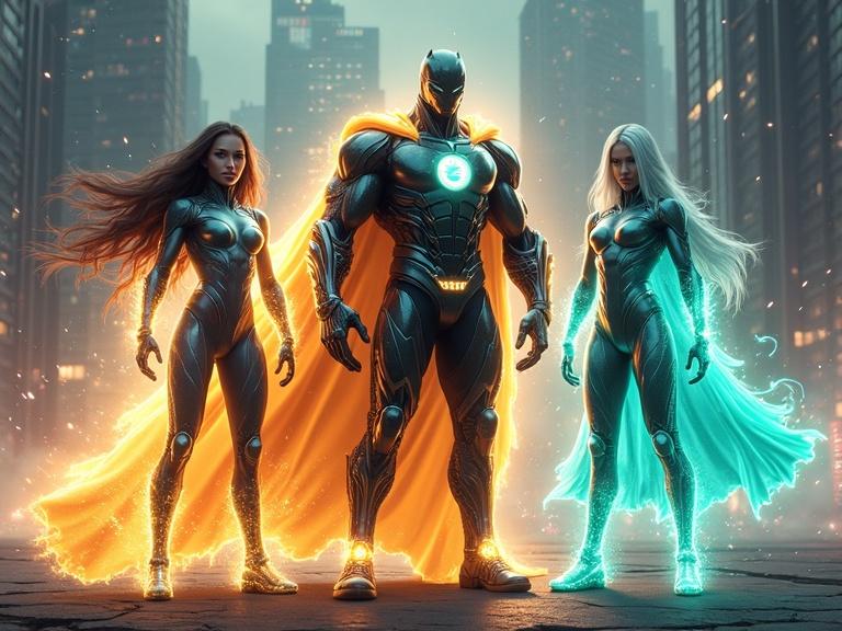 A dynamic trio of superheroes stands together. Each hero has unique powers. Lumora manipulates light and sound. Titan Veil embodies dark matter and gravity. Vortex Wisp channels elemental wind. They wear distinctive suits highlighting their powers. The setting features a futuristic skyline and cinematic lighting.