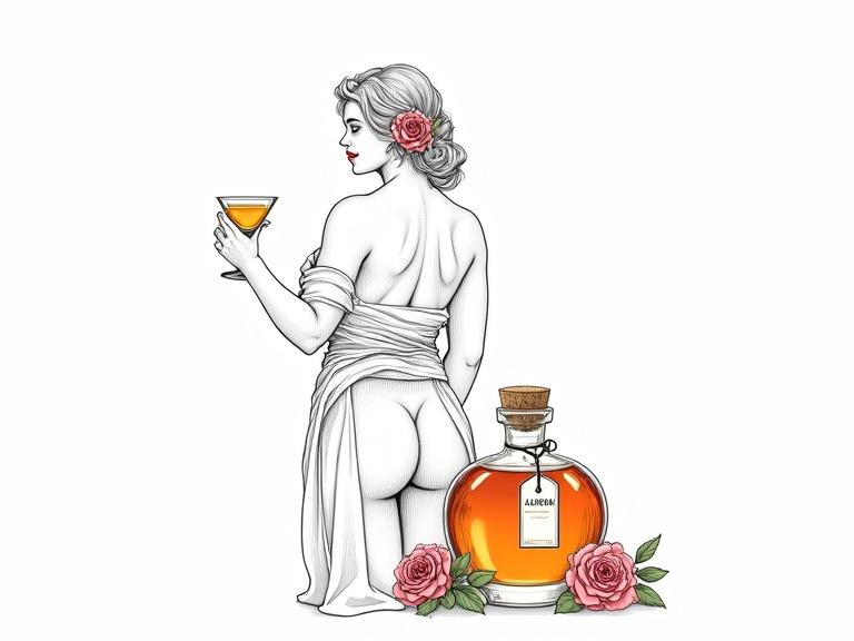 Highly detailed line art of a shirtless goddess in a silk wrap with a cocktail glass in hand and flowers in hair. A lower bottle shines with a label 'ALFRUNO.' Surrounded by roses and herbs. Minimalistic white background.