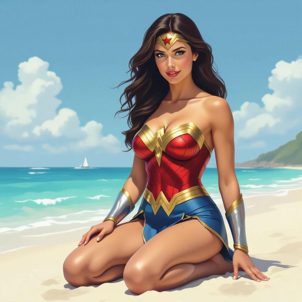 Wonder Woman character depicted kneeling on a beach. Her outfit features traditional red and blue colors with gold accents. The background shows a tropical beach and ocean. Bright sunny day creates a vibrant atmosphere.