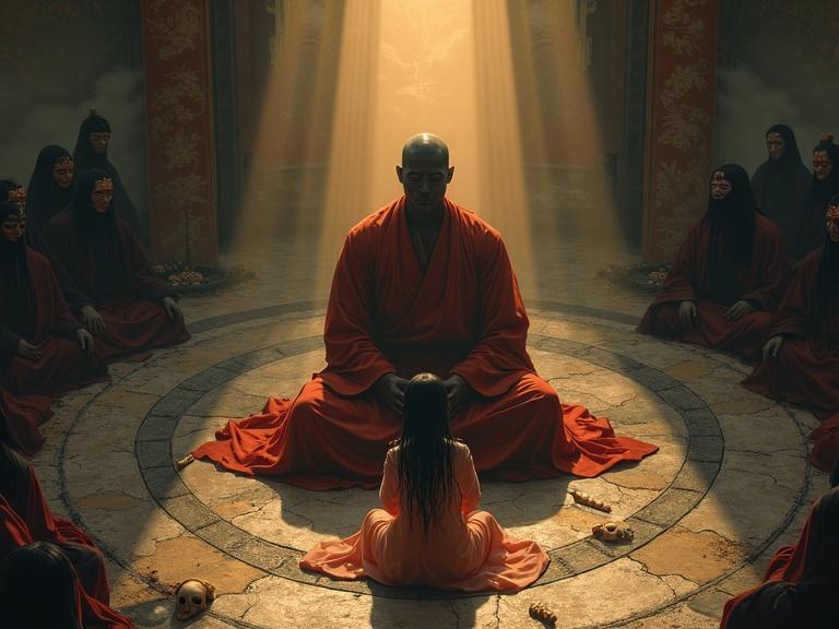 A young girl with wet black hair seated on a towering masked lama's lap. The lama faces forward, sitting cross-legged. A massive ritual circle carved into dark stone surrounds them. The girl wears a translucent ceremonial silk robe. She folds her hands in prayer, face turned toward a golden light. Crimson and black robes shape her. Masked monks are in a silent ring. Floor scattered with ritual objects. Incense smoke curls through the atmosphere. Heavy spiritual tension is present.