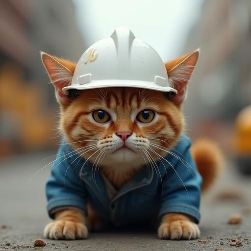 A semi-realistic cat wearing a white hard hat and blue work jacket. Cat shows sweat on the forehead. Head tilted slightly with one ear drooping. Background depicts a construction scene. Cat has a slightly hunched posture with a scared expression. Body trembling. Eyes wide with dilated pupils. Crouched low with flattened ears. Fur stands on end.