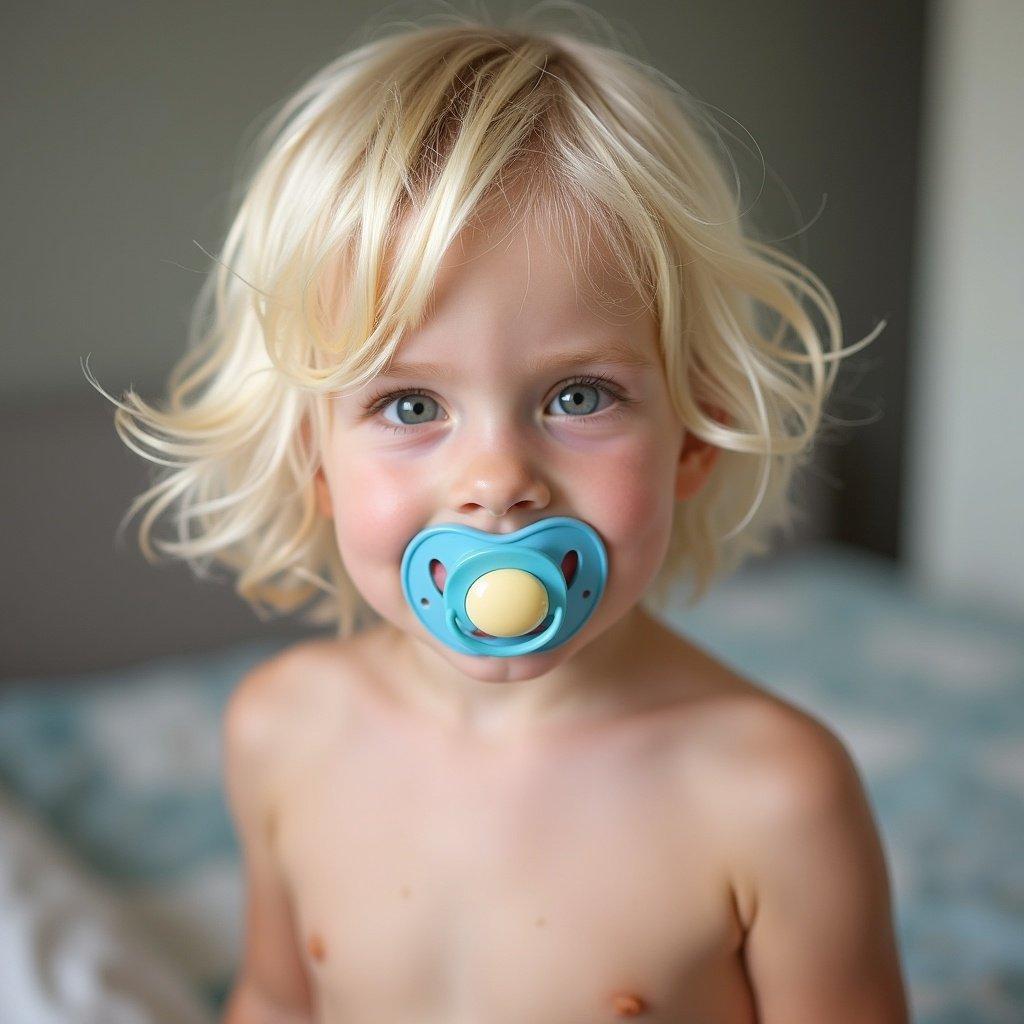 Portrait of a boy with white-blonde hair. He is holding a pacifier. The boy is not wearing a shirt and appears cheerful.