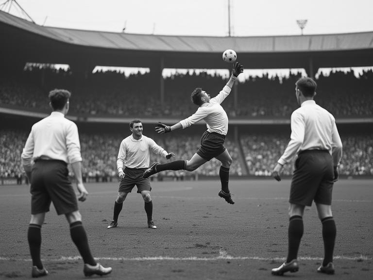 Black-and-white digital image simulates a 1930s football match. Captures goalkeeper leaping to block ball. Four players in classic shirts pay attention. Crowded traditional stadium in background. Designed to appear as if taken with an old camera.