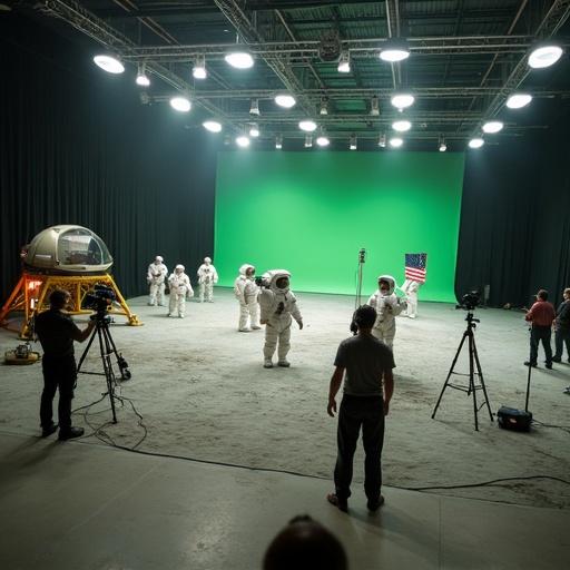 Inside a film studio a staged moon landing scene. Multiple camera crews capture actors in astronaut suits. A large green screen is present. The floor shows fake moon dust and props. Cables and boom mics hang above. The lighting is uneven and glare is noticeable. The shot seems candid.