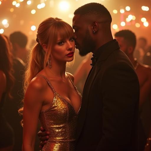 Photorealistic image of a couple in a nightclub. Young woman in gold dress with long blonde hair. She looks happy. Older black man in a black suit is close to her and smiling. Busy dance floor with people in the background.