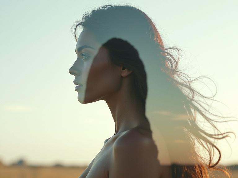 Double exposure image featuring a woman's profile blended with the silhouette of an arched horse. Focus on artistic elements