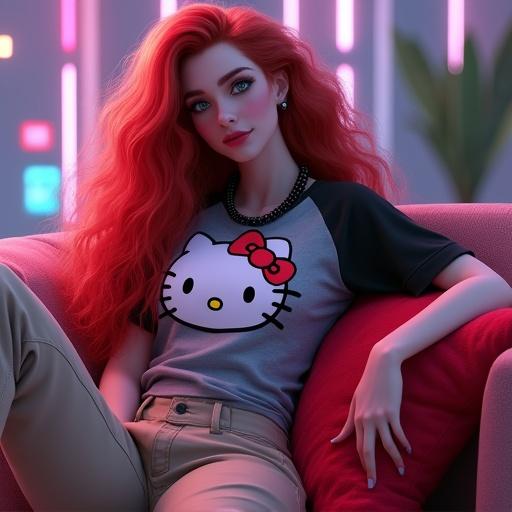 Digital concept artwork featuring a woman with voluminous curly red hair. She has dark expressive eyes and radiant skin. Wearing a grey Hello Kitty t-shirt and beige cargo pants. Hugging a furry red pillow on a sofa. Light smile and silly expression. Dramatic lighting enhances the scene. High-resolution CG art with vibrant colors.