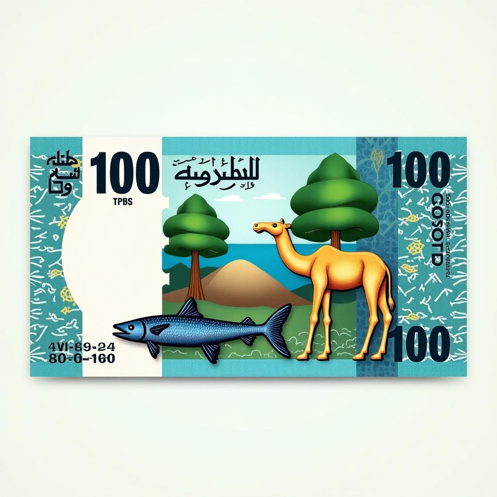 Fictional banknote with 100 pounds value. Colorful design showing fish and camel. Nature elements like trees featured. Arabic text indicates value. Unique representation of Somali culture and landscapes. Artistic blend of modern and traditional aesthetics with Somali flag background.