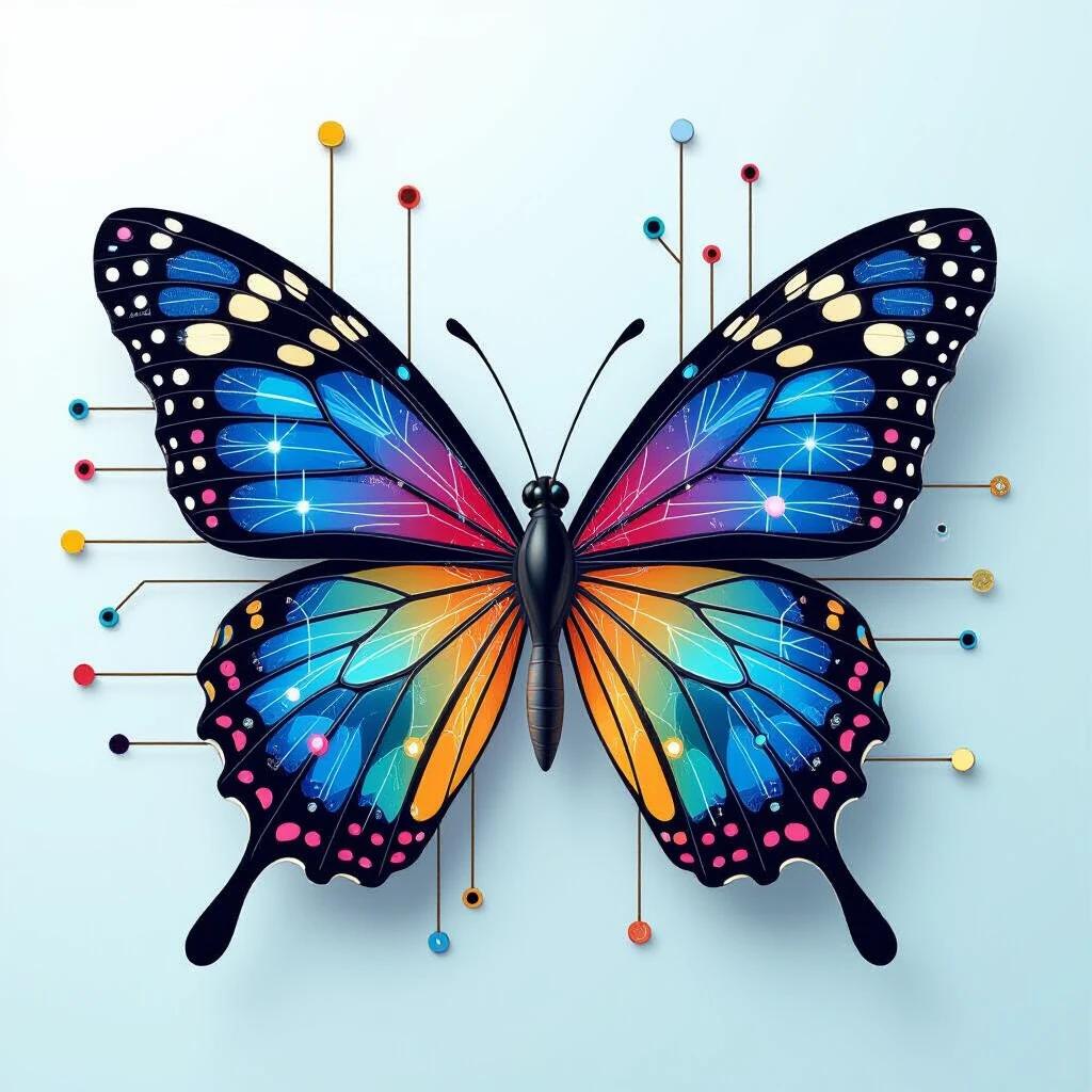 A butterfly depicted with characteristics of a neural network and electronic connections; utilizing a colorful aesthetic reminiscent of circuit design.