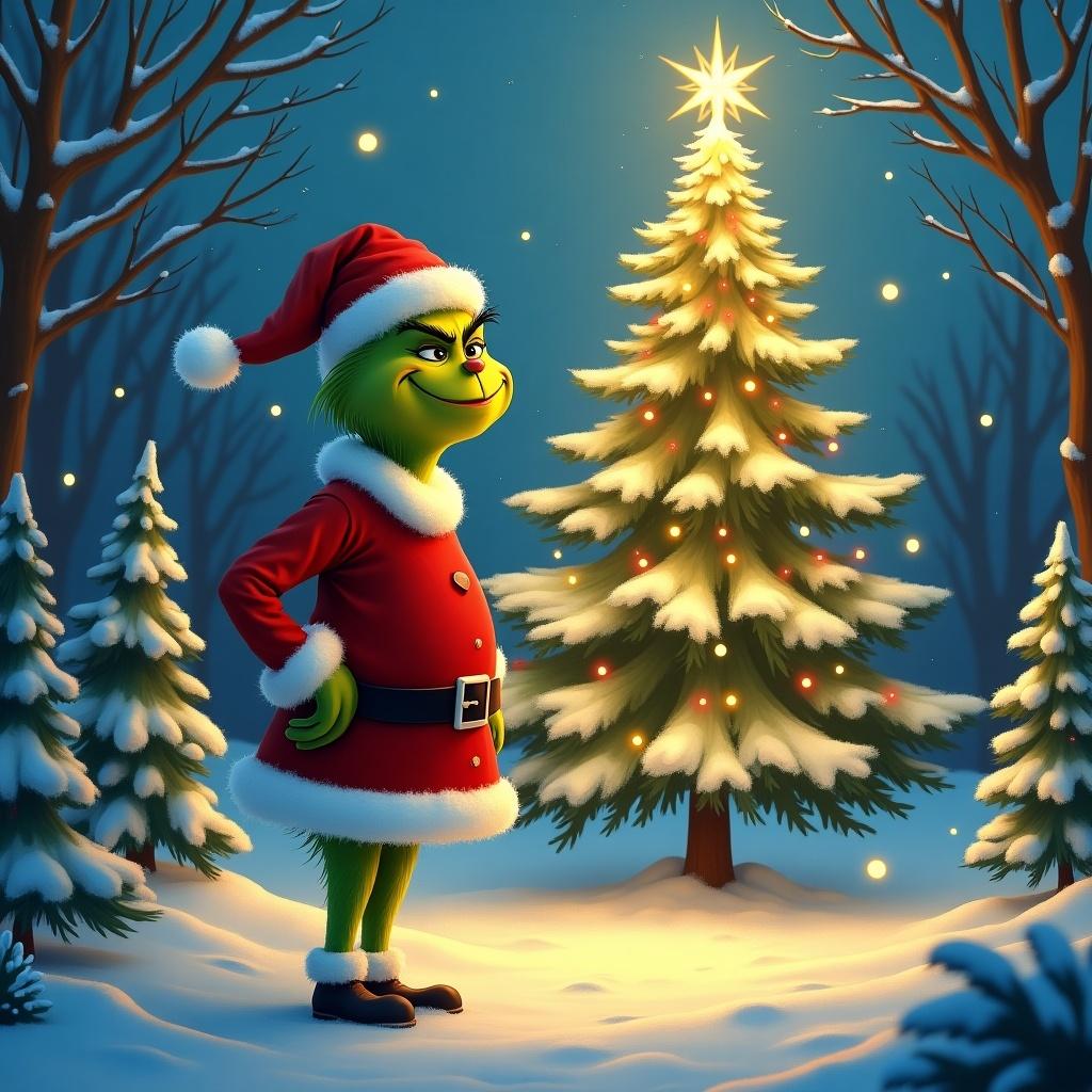 Grinch character wears Santa suit and hat. Warm golden light shines on snow-covered trees. A tall Christmas tree with snow and twinkling lights in the background.