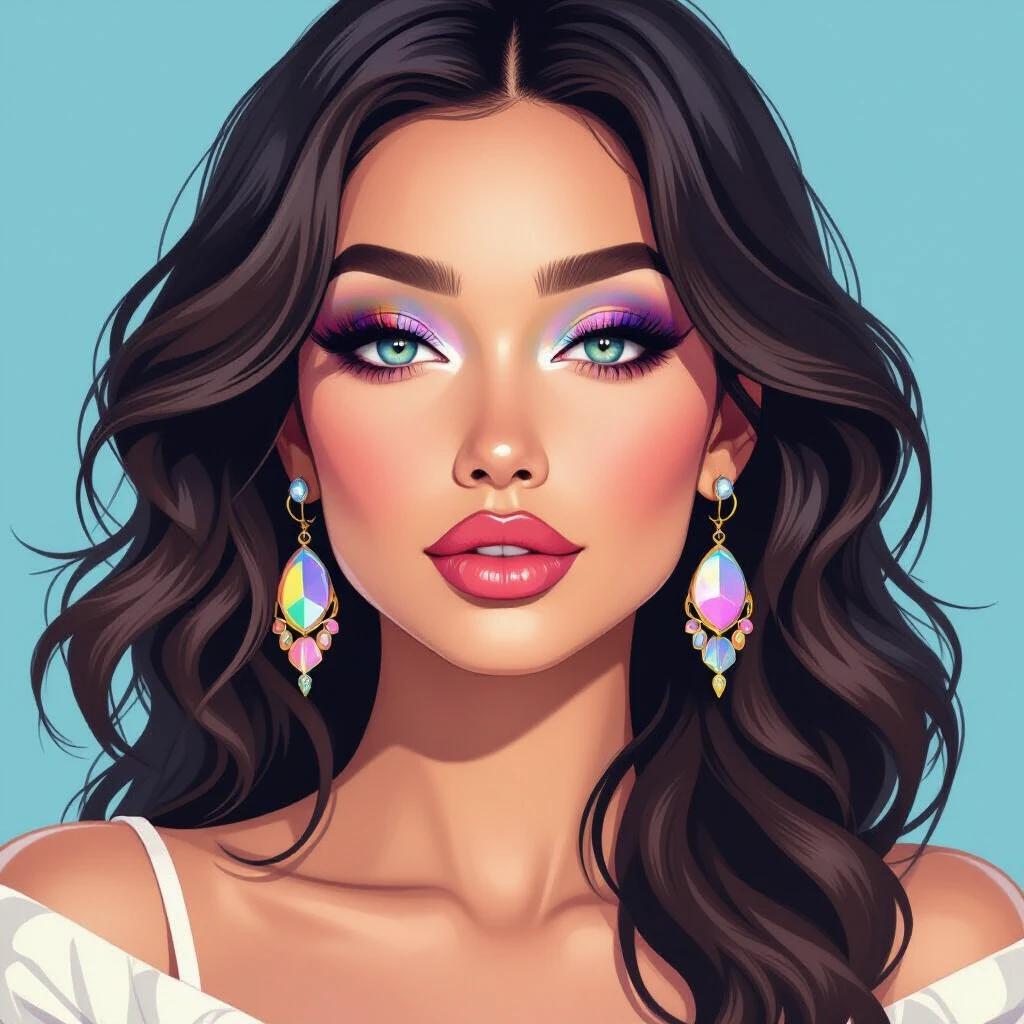 A portrait of a woman with captivating style. She has wavy hair. She wears stylish earrings. The background is a soft blue. The focus is on her hair and outfit. The illustration has a modern touch.