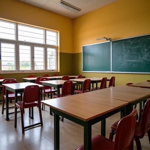 Nigerian primary school classroom with modern furniture and features. Desks and chairs arranged. Large windows providing natural light. Chalkboard on the wall. Freshly painted walls.