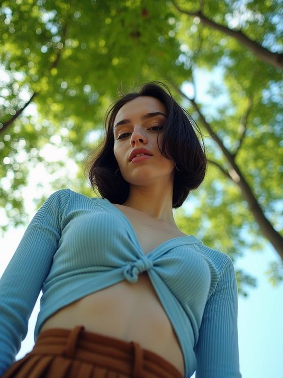 Medium shot of a young woman from the waist up against a tree canopy from a low angle. She looks directly at the camera with a soft gaze. Wearing a pale blue wrap-style crop top and a brown pleated skirt. Dark bob-length hair frames her face. Leafy green canopy and blue sky visible in the background. Dappled light filters through leaves creating soft shadows. The mood is dreamy and intimate.