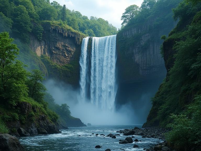 Photorealistic image of a majestic waterfall cascading down a cliff into a river with lush greenery. Hyperdetailed with vibrant dark colors creating a serene atmosphere.